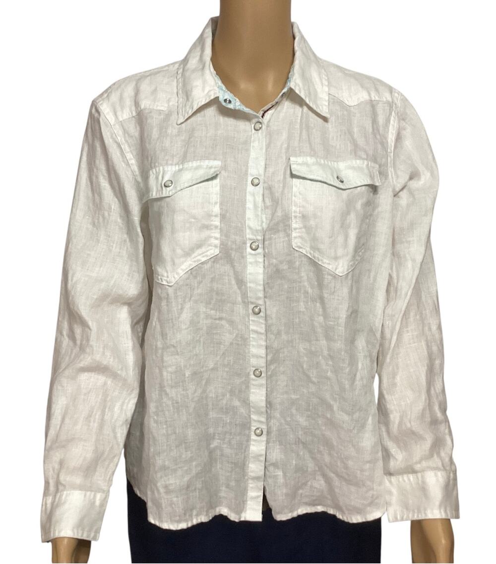 Sundance Women's White 100% Linen Western Snap Button Shirt Floral Trim Small